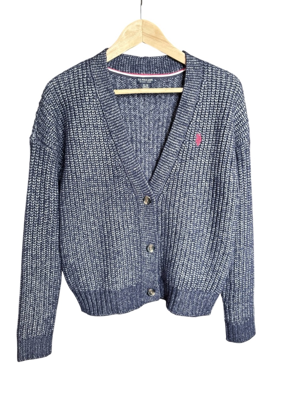 U.S. Polo Assn. Navy Marled V‑Neck Button Cardigan Sweater sz Medium